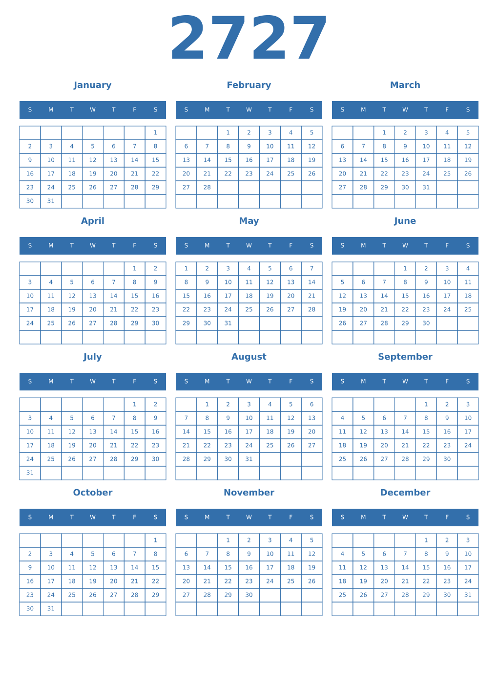Printable 2727 Year Calendars blue