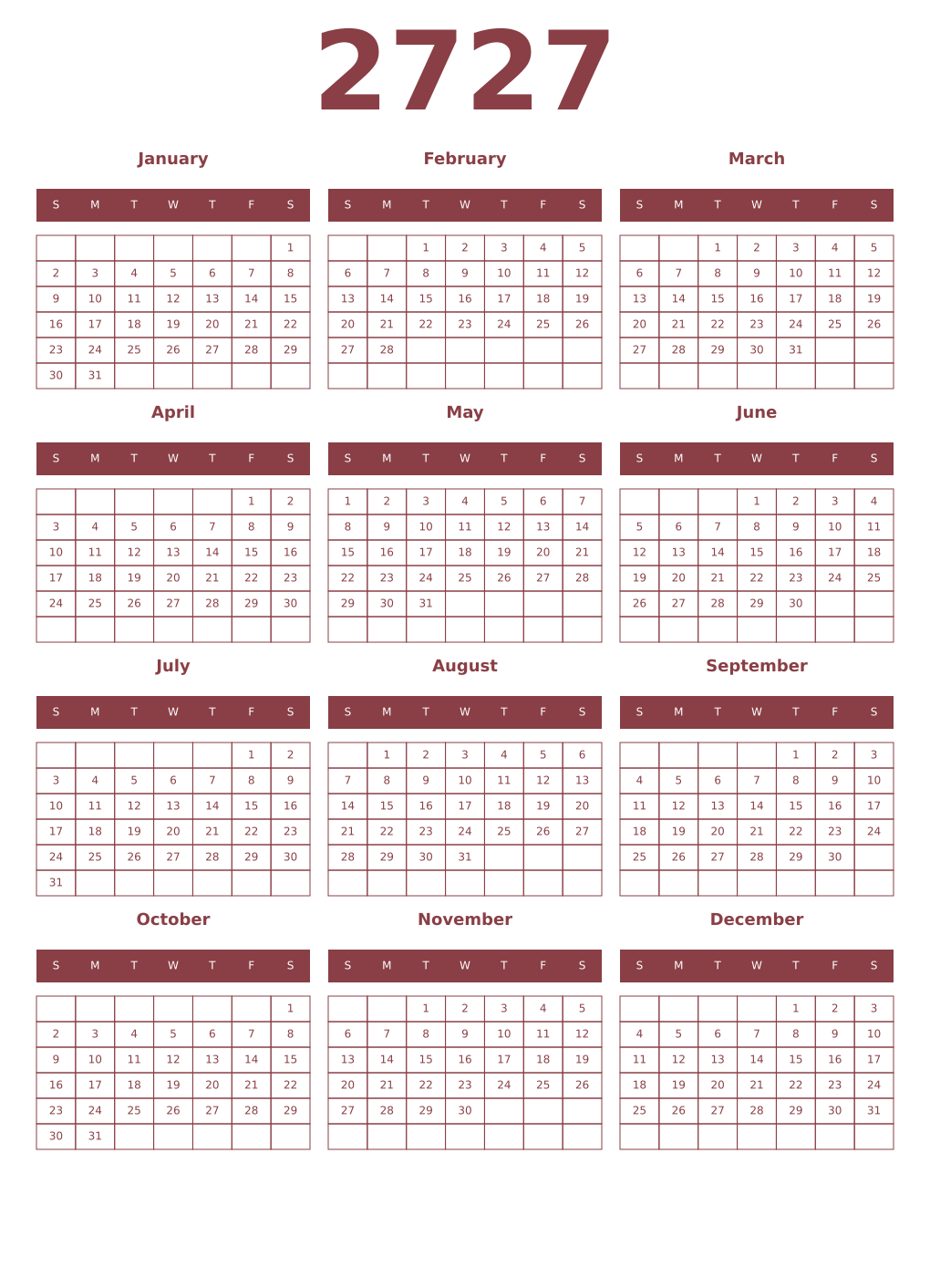 Printable 2727 Year Calendars cordovan