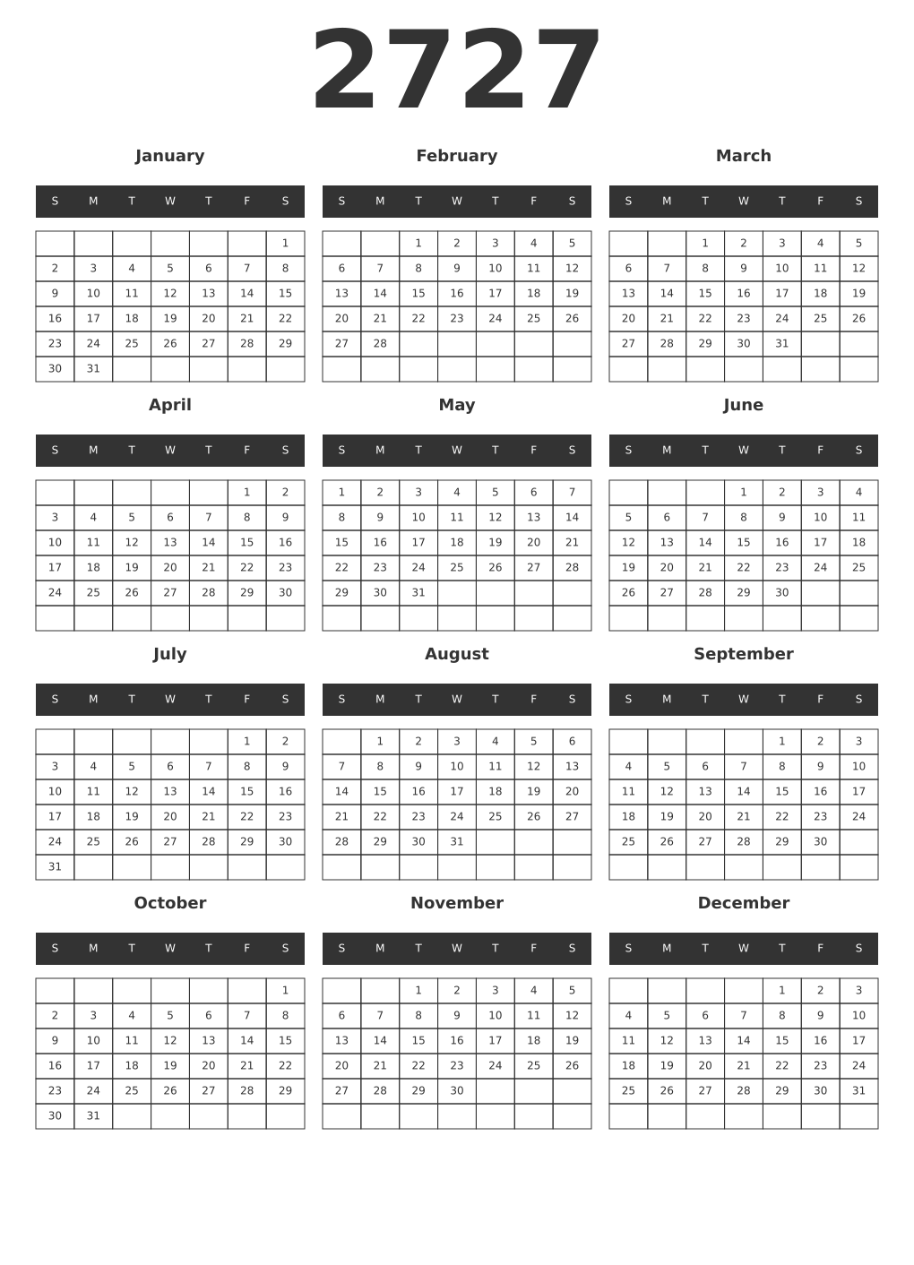 Printable 2727 Year Calendars dark
