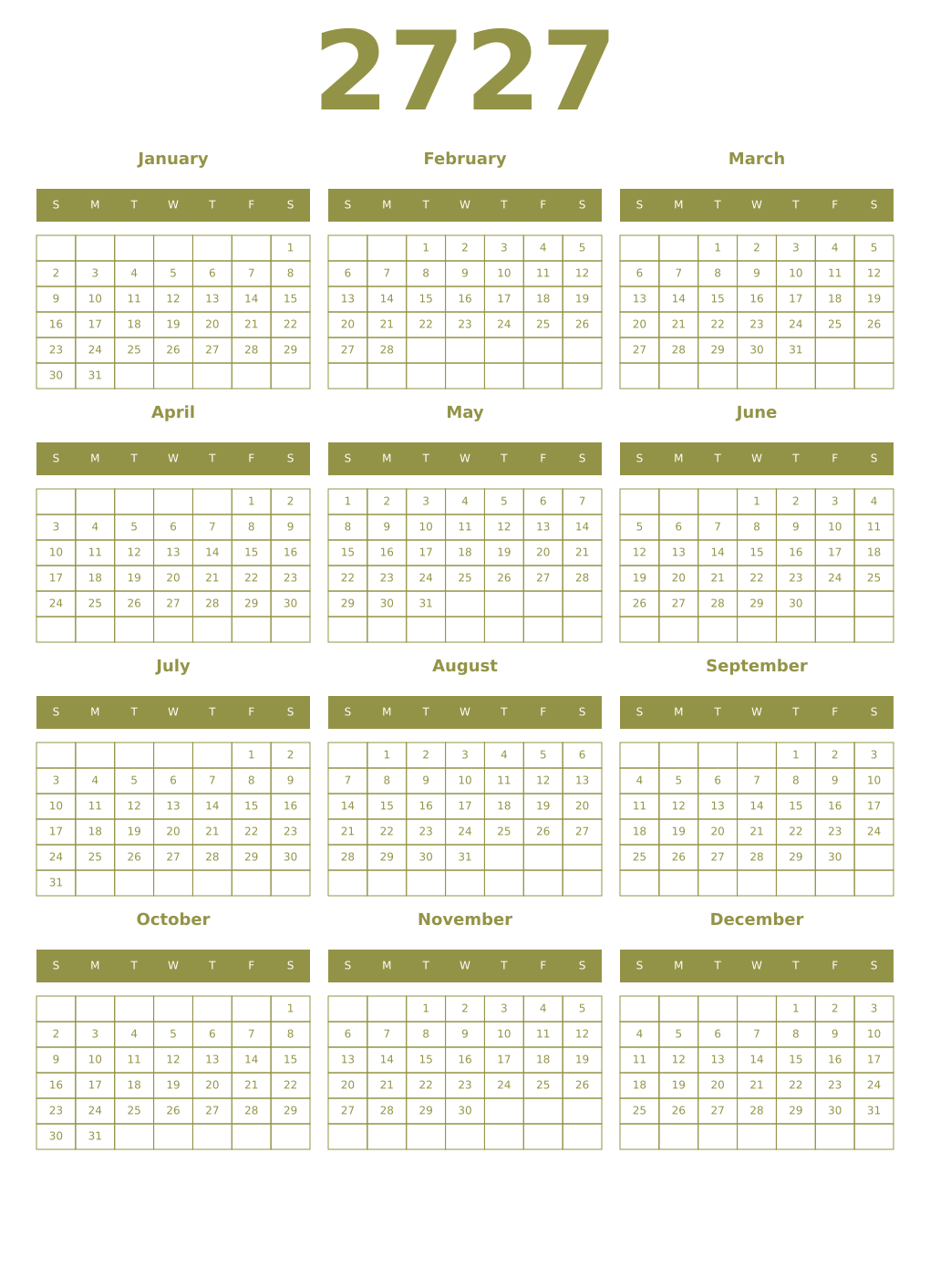 Printable 2727 Year Calendars eburnean