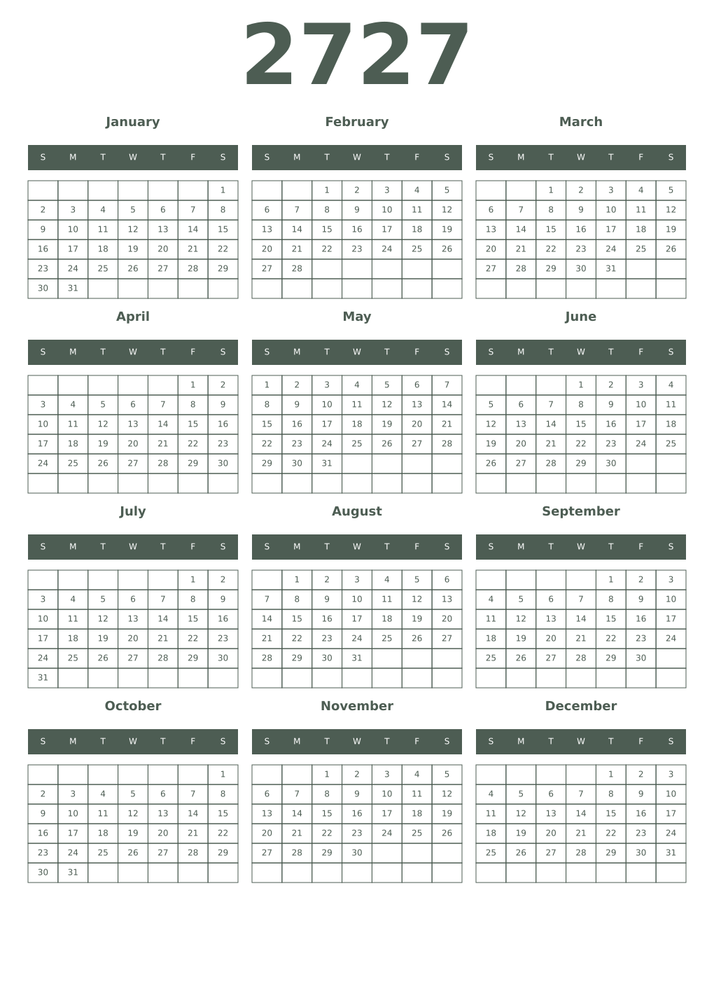 Printable 2727 Year Calendars feldgrau