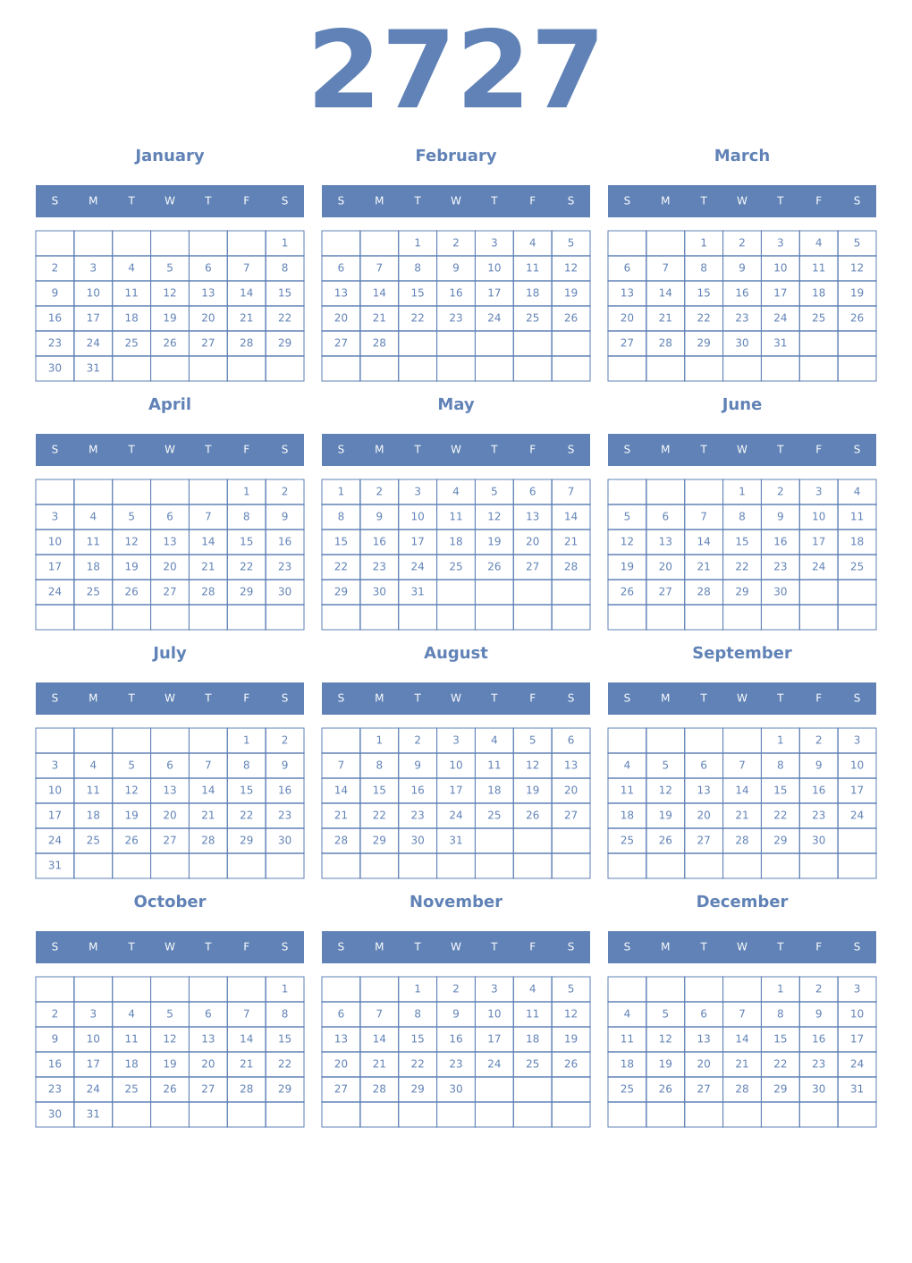 Printable 2727 Year Calendars glaucous