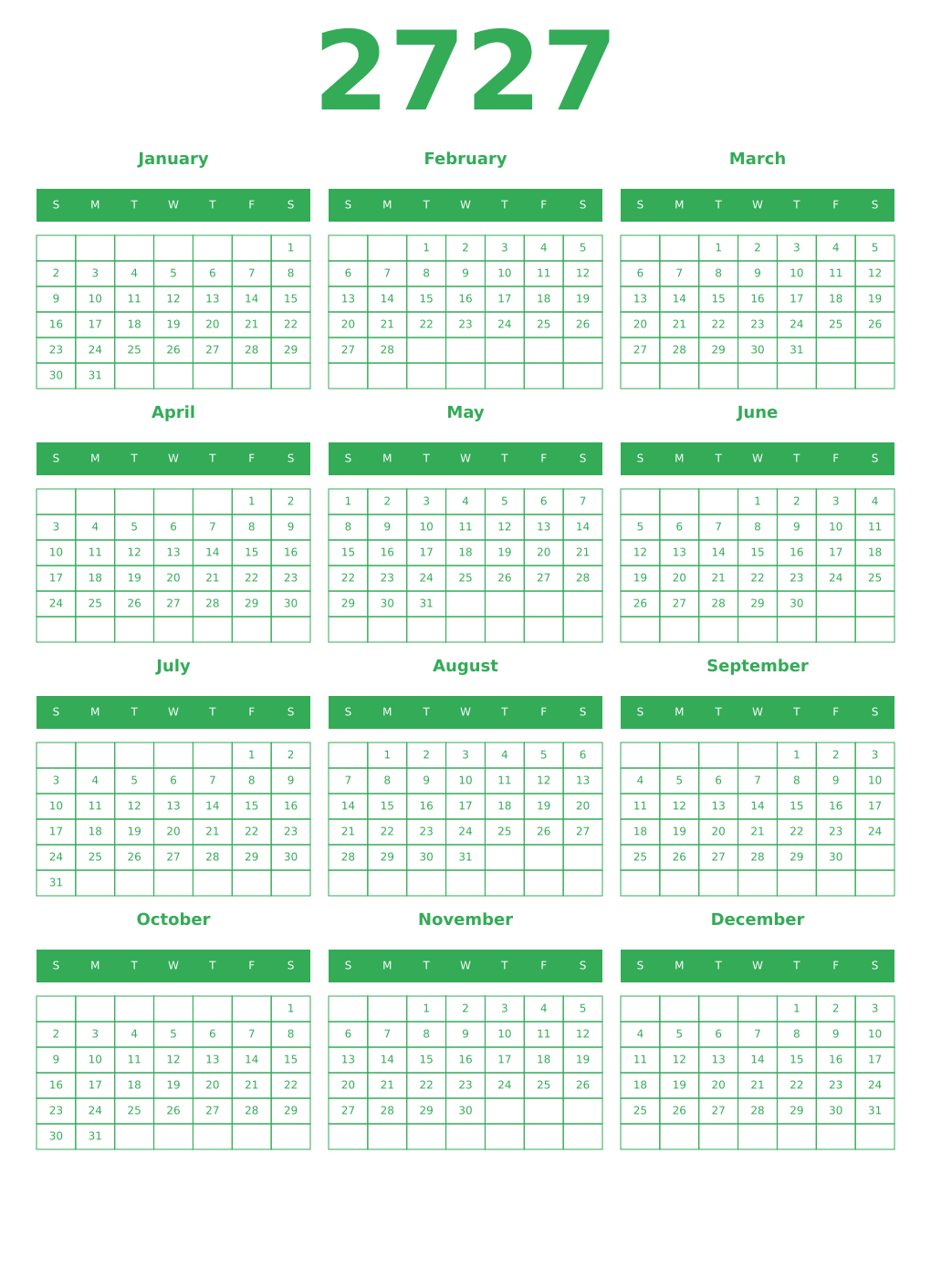 Printable 2727 Year Calendars green