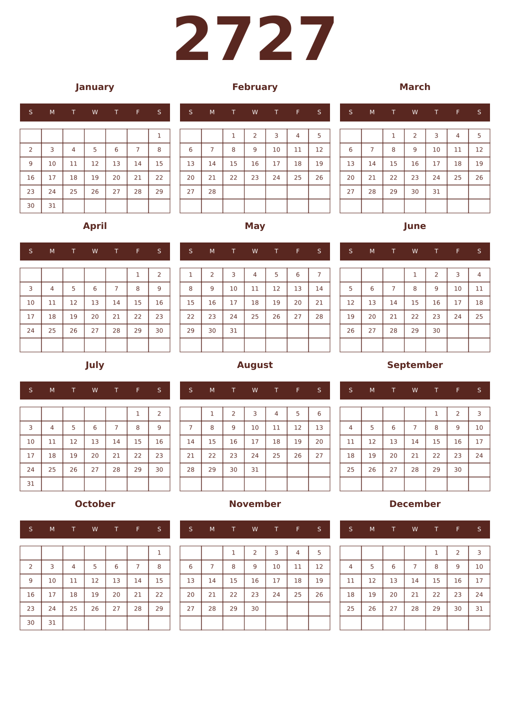 Printable 2727 Year Calendars mortuum