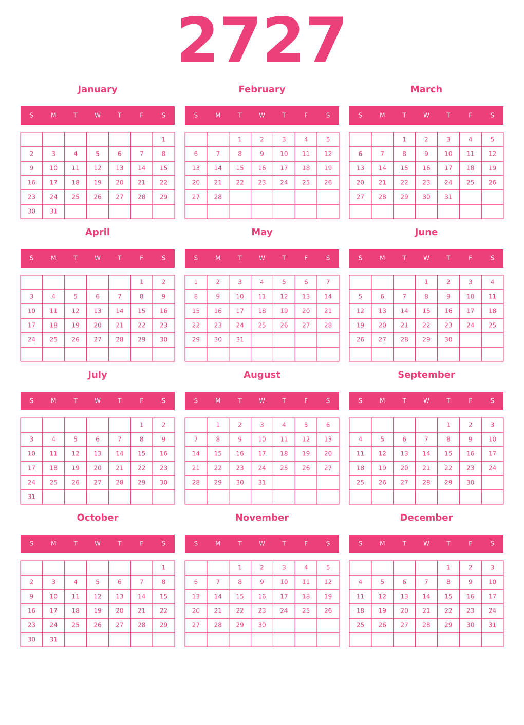 Printable 2727 Year Calendars pink