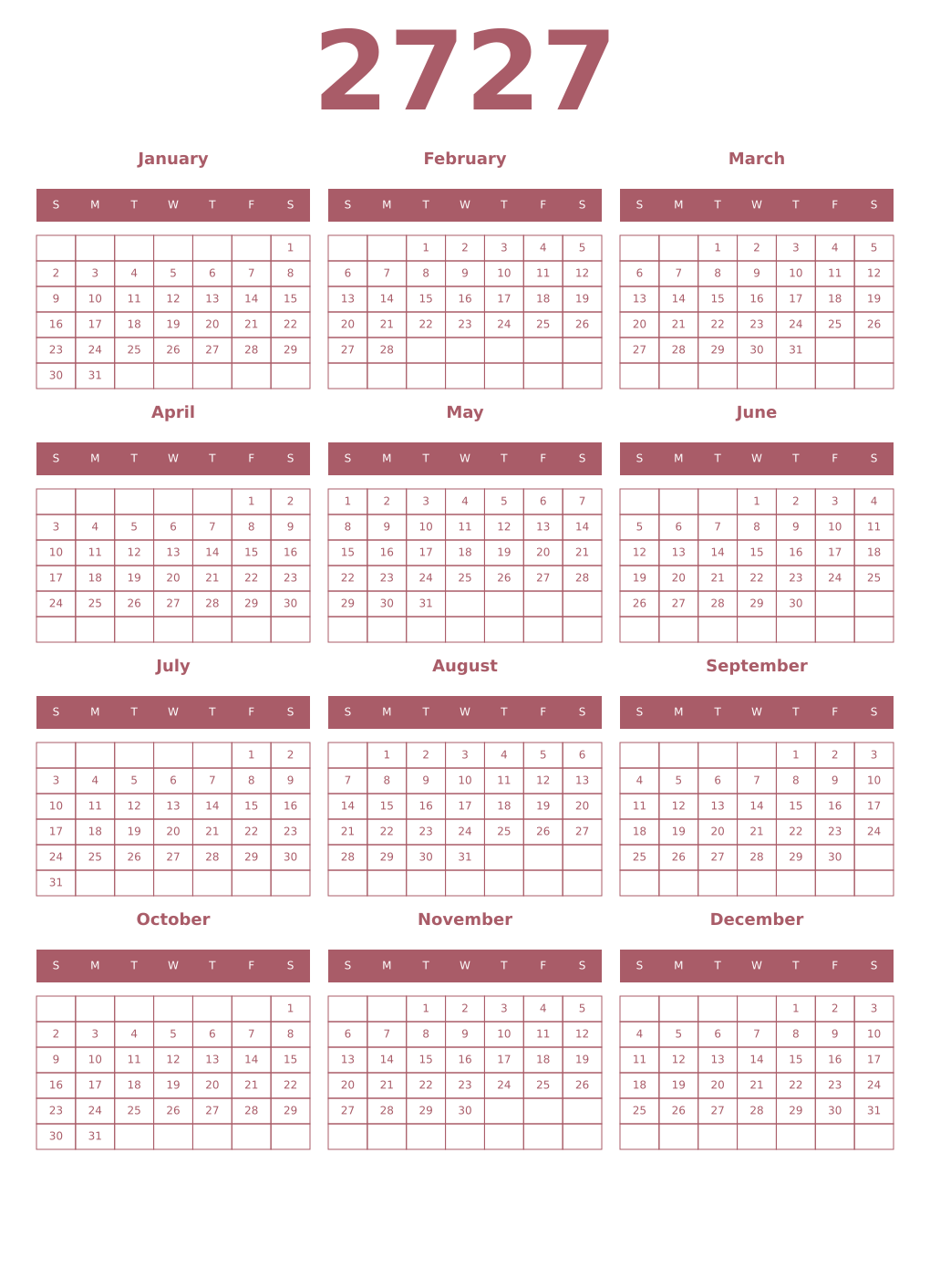 Printable 2727 Year Calendars puce