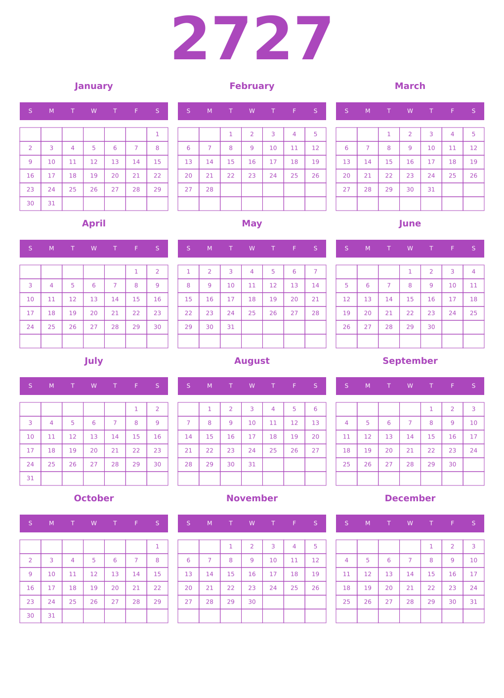 Printable 2727 Year Calendars purple