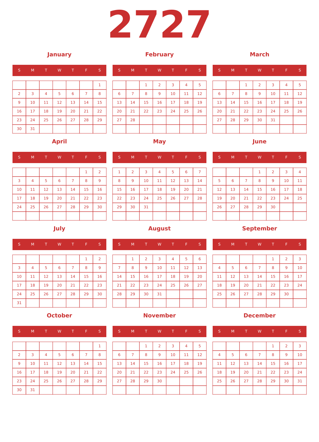 Printable 2727 Year Calendars red