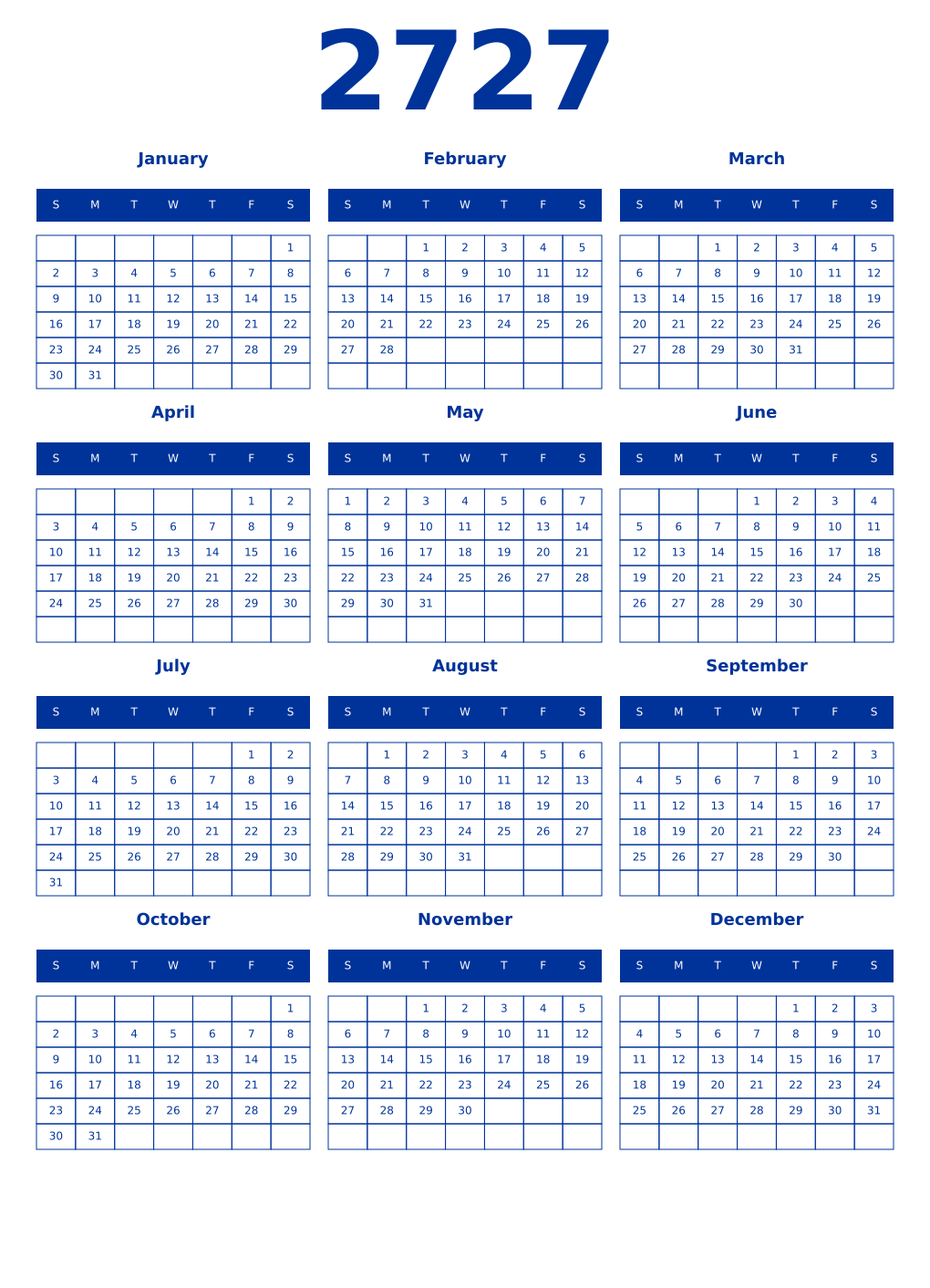 Printable 2727 Year Calendars smalt
