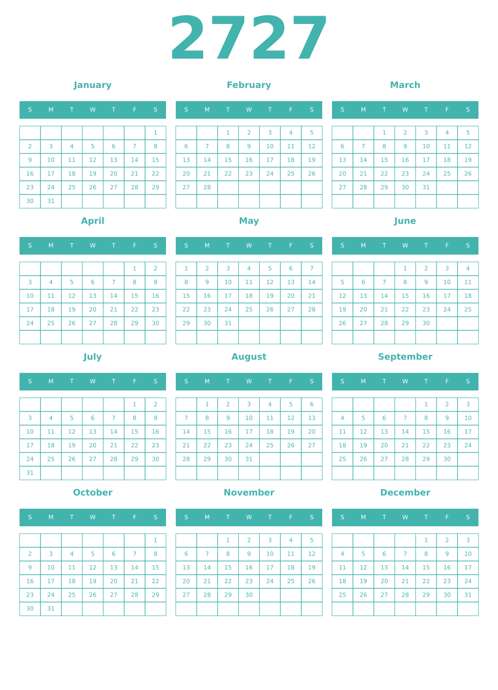Printable 2727 Year Calendars verdigris
