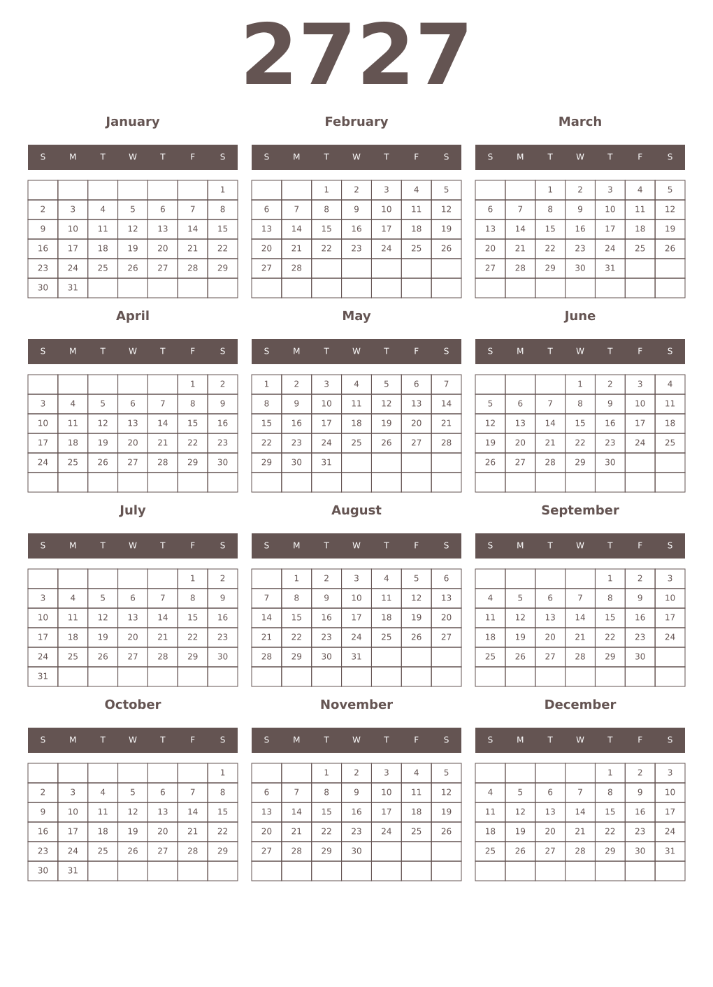 Printable 2727 Year Calendars wenge