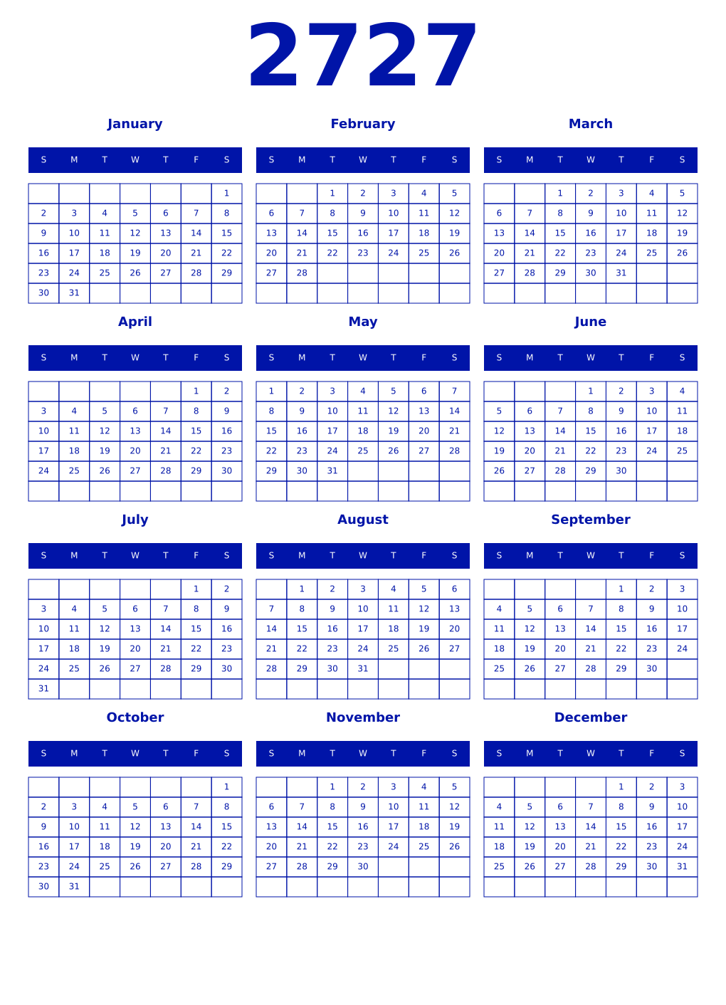 Printable 2727 Year Calendars zaffre