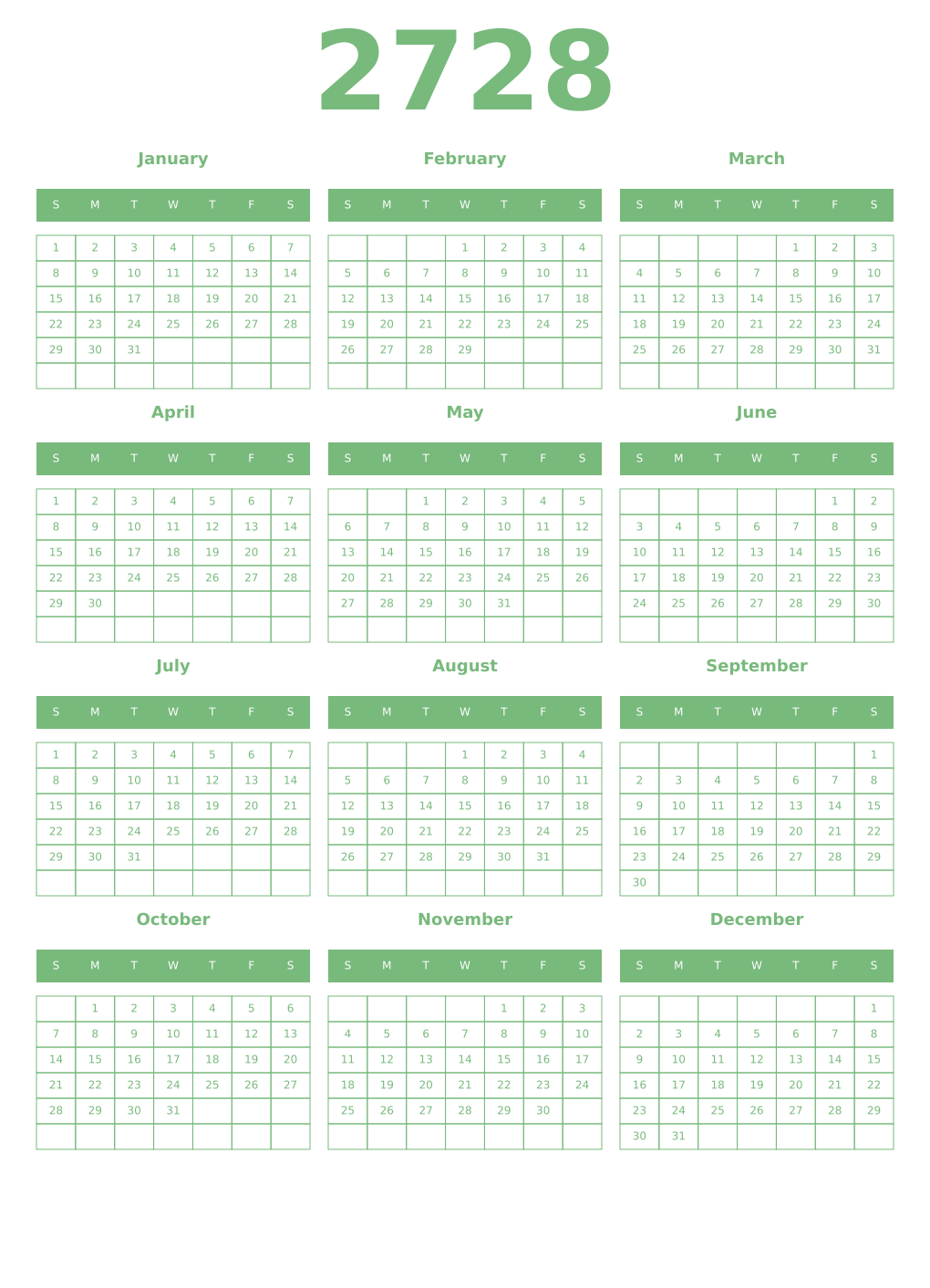 Printable 2728 Year Calendars celadon