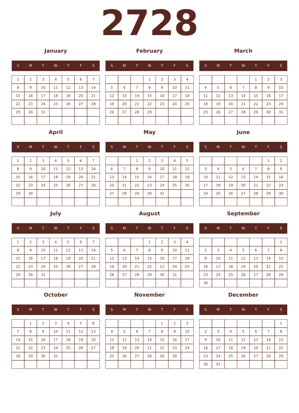 Printable 2728 Year Calendars mortuum