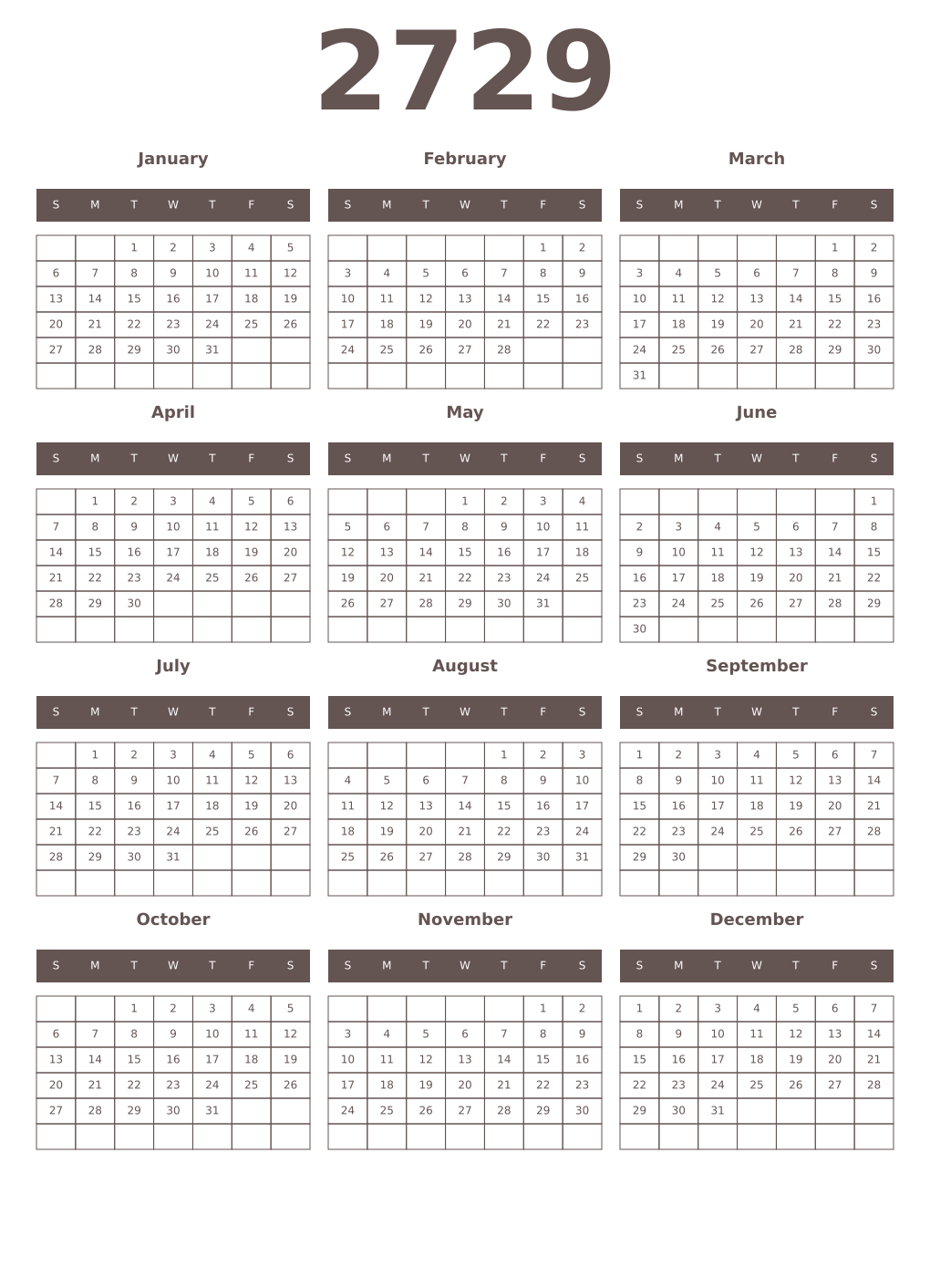 Printable 2729 Year Calendars wenge