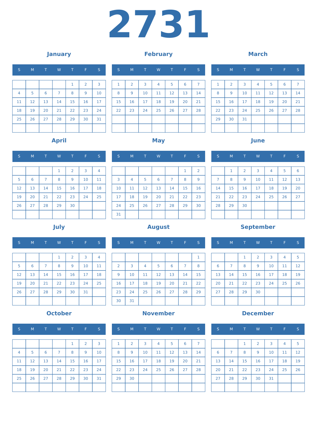 Printable 2731 Year Calendars blue
