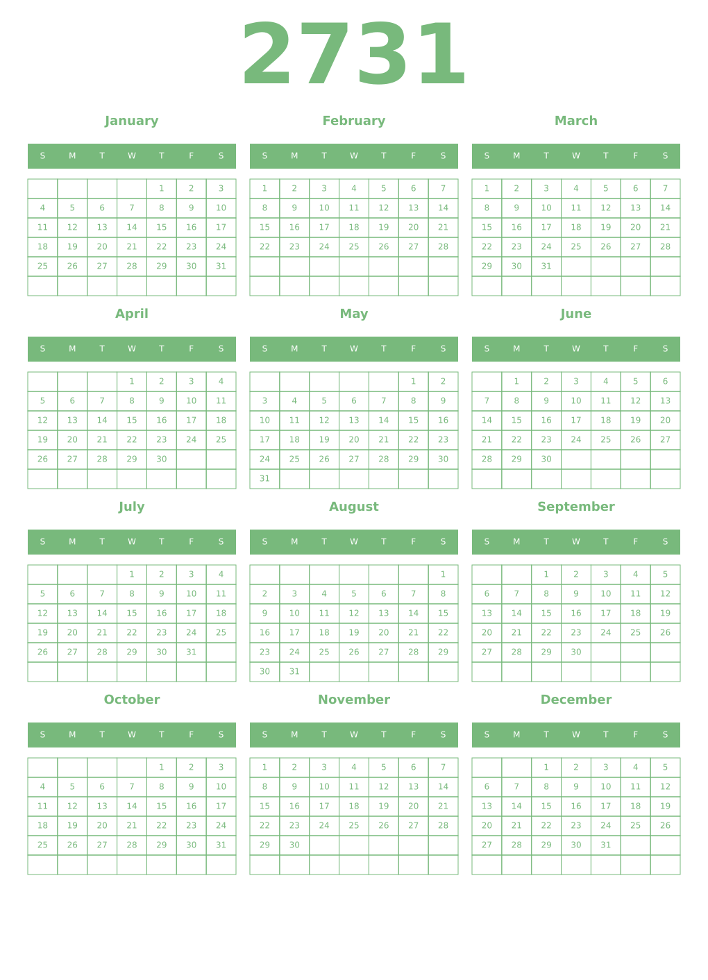 Printable 2731 Year Calendars celadon