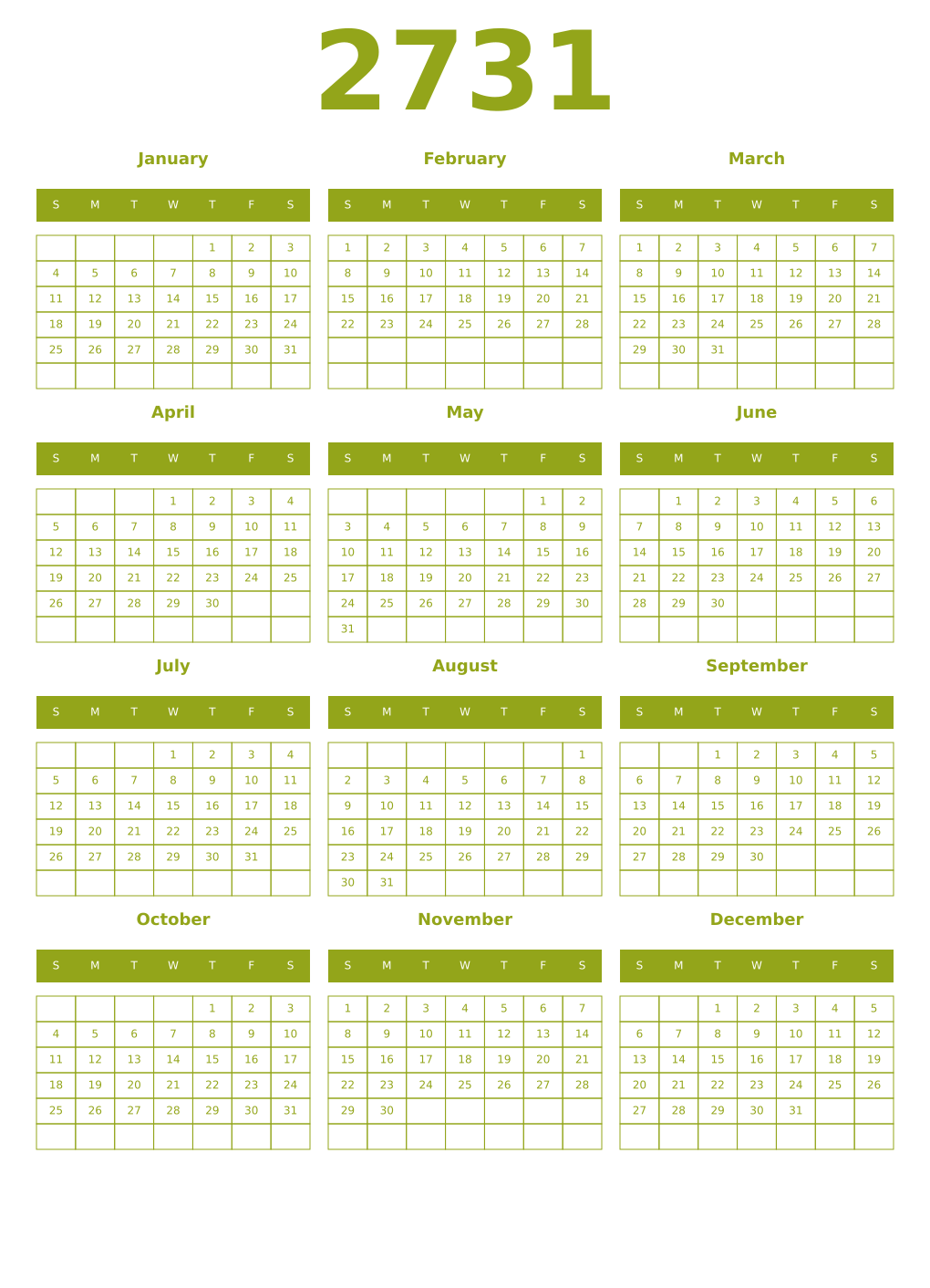 Printable 2731 Year Calendars chartreuse
