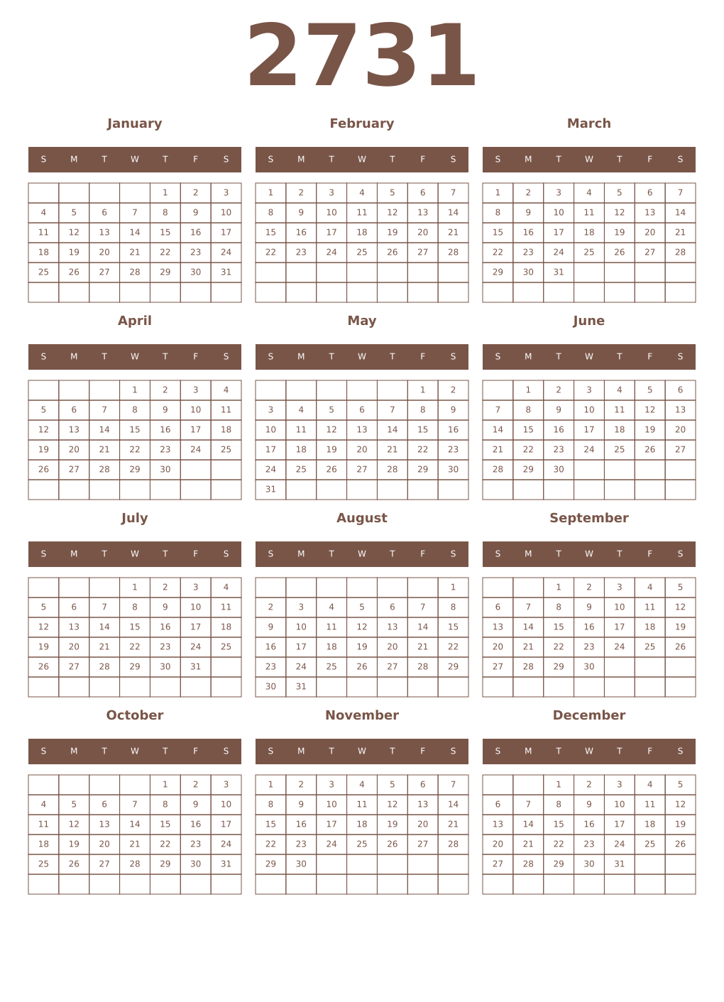 Printable 2731 Year Calendars coffe