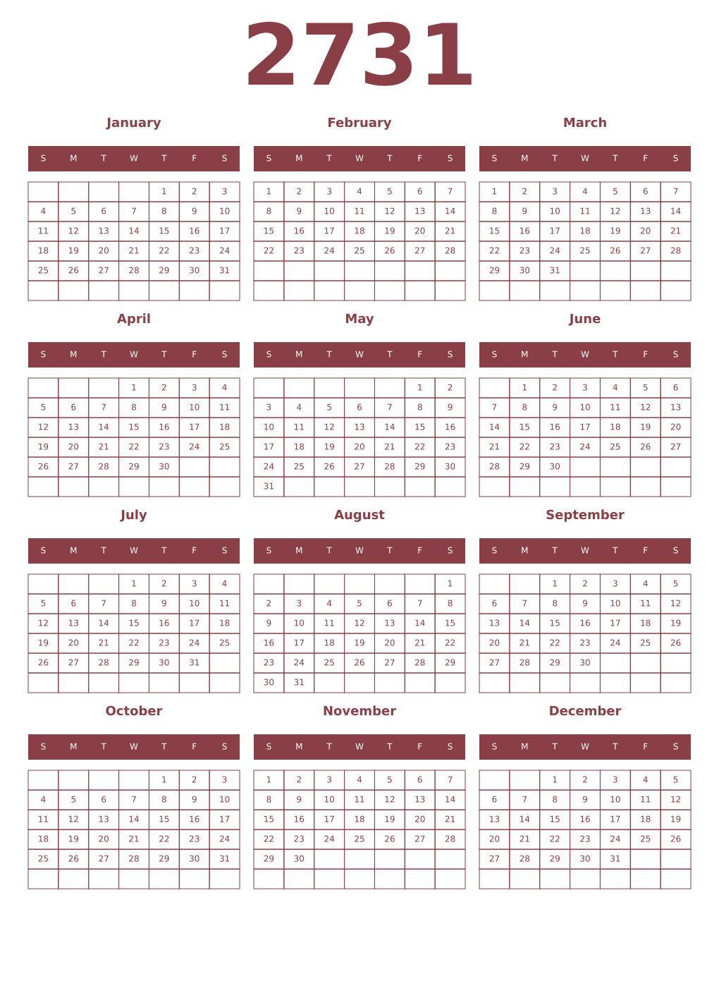 Printable 2731 Year Calendars cordovan
