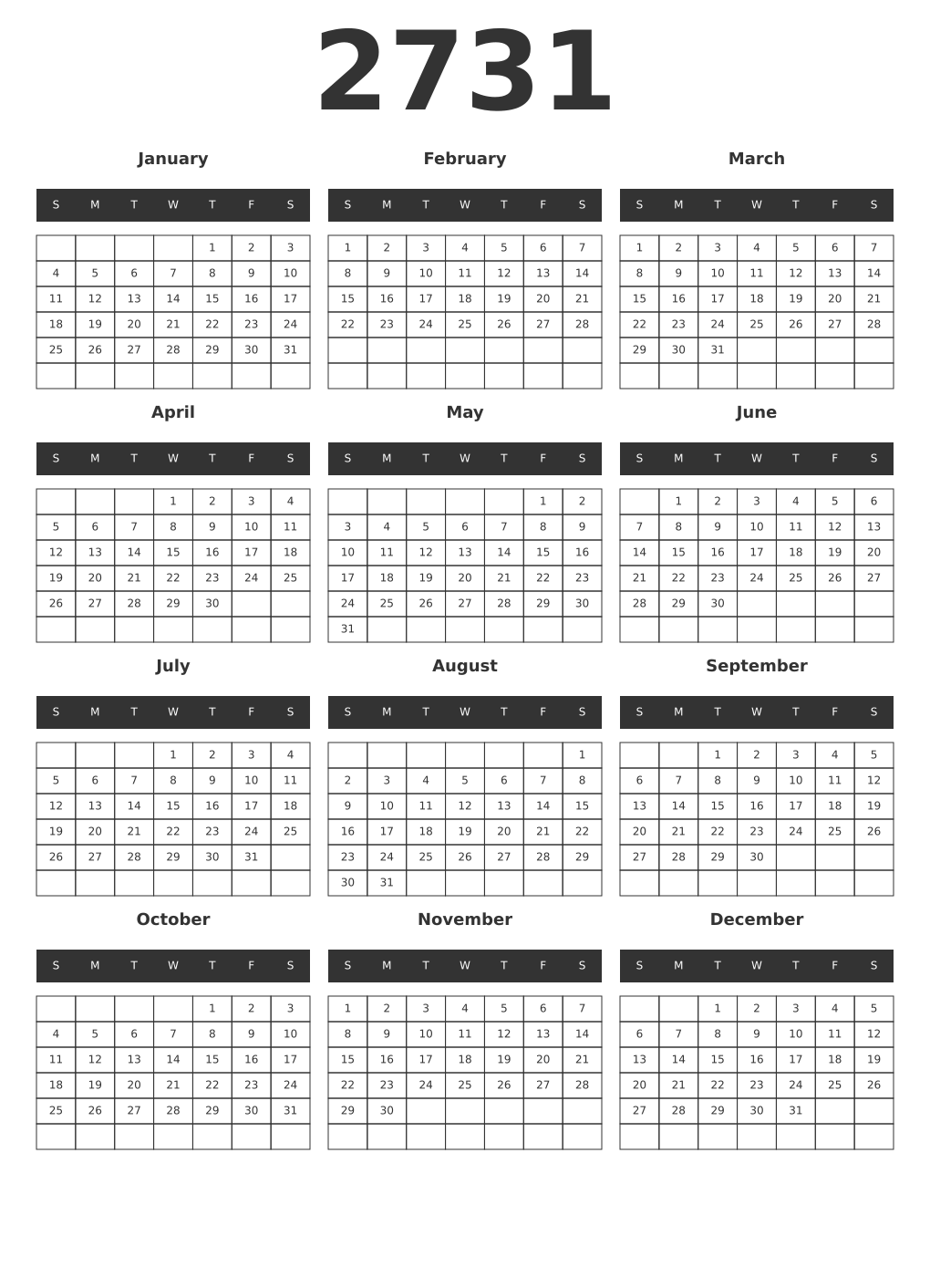 Printable 2731 Year Calendars dark