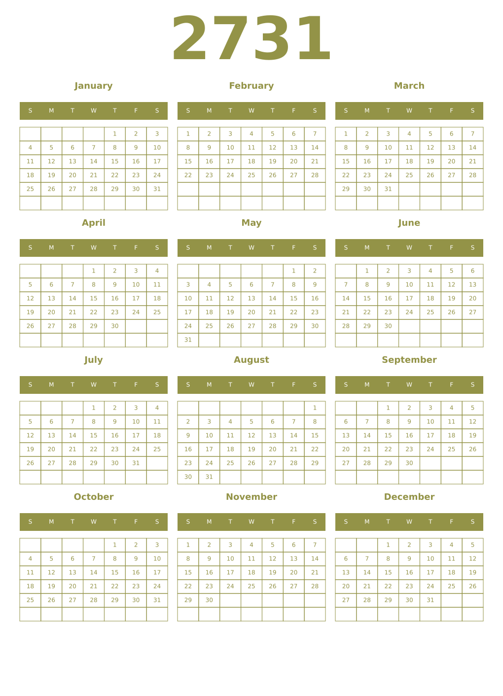 Printable 2731 Year Calendars eburnean