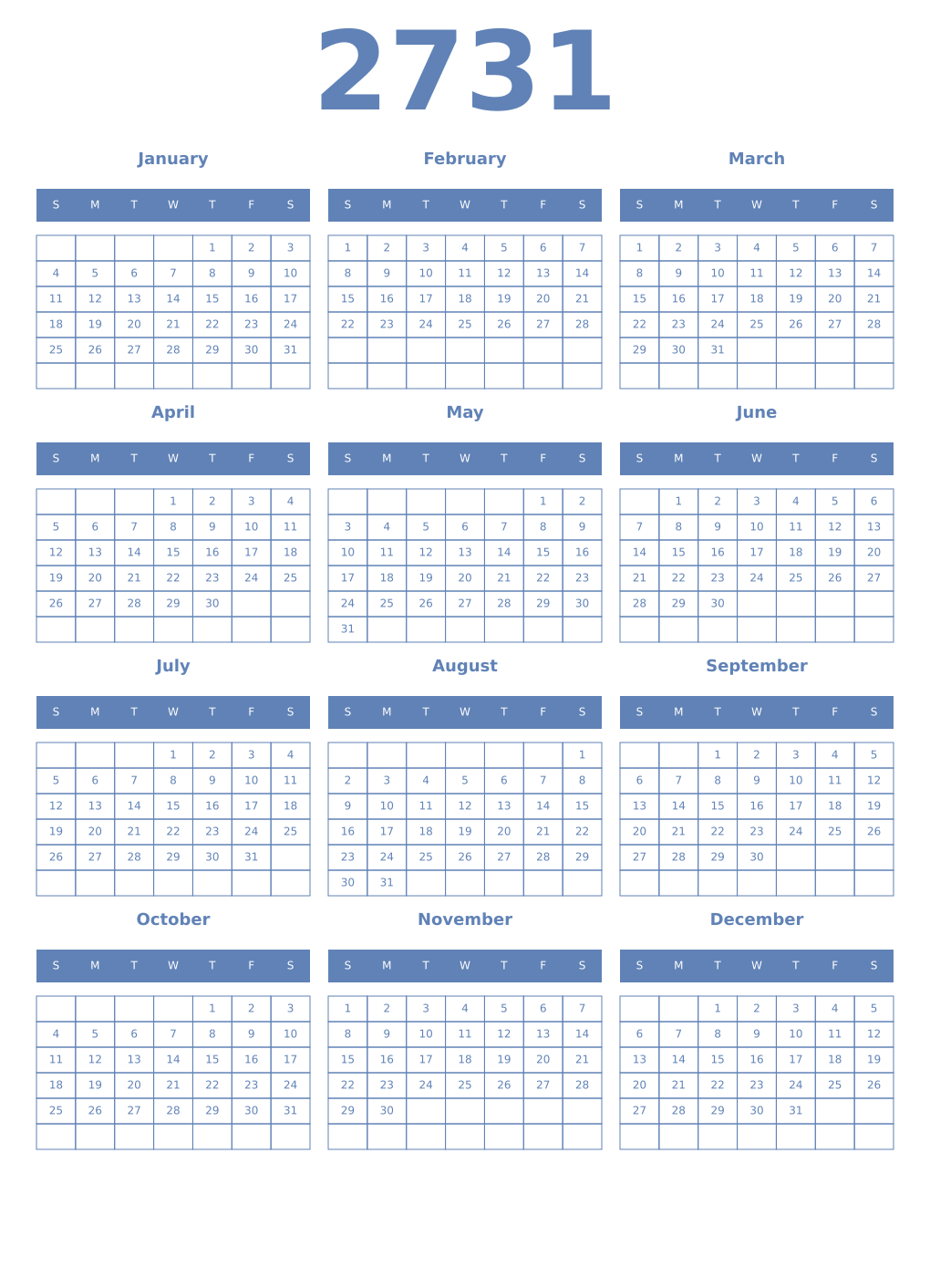 Printable 2731 Year Calendars glaucous