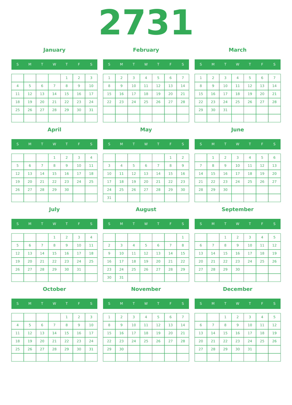 Printable 2731 Year Calendars green