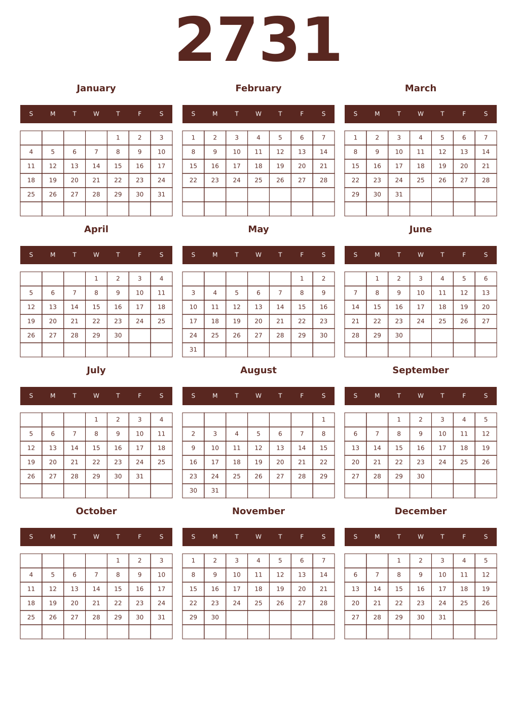 Printable 2731 Year Calendars mortuum