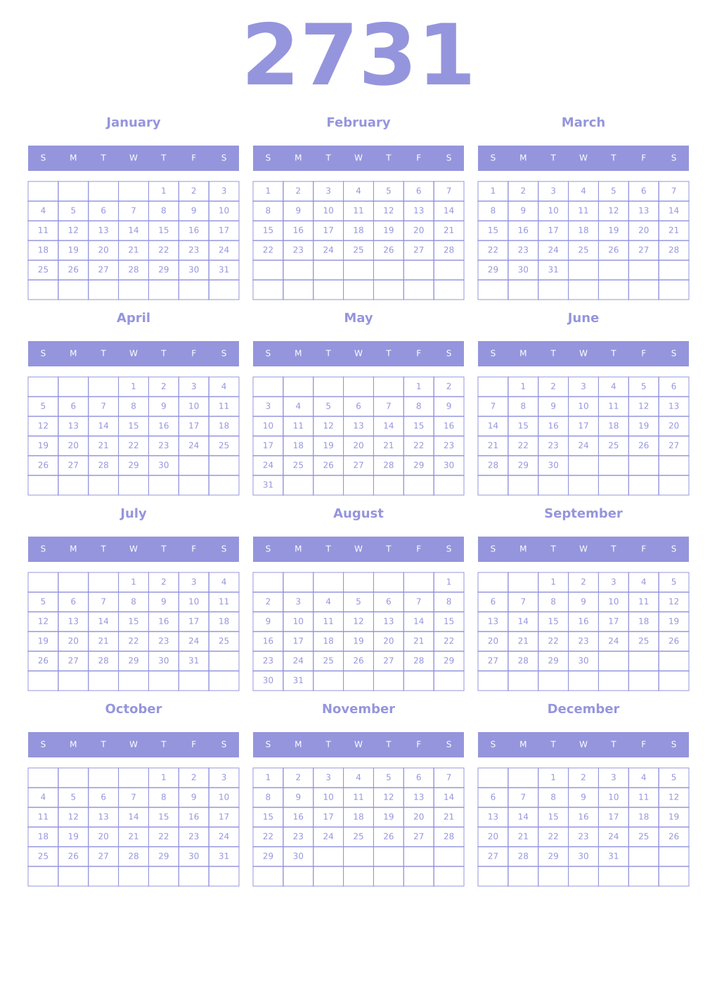 Printable 2731 Year Calendars periwinkle
