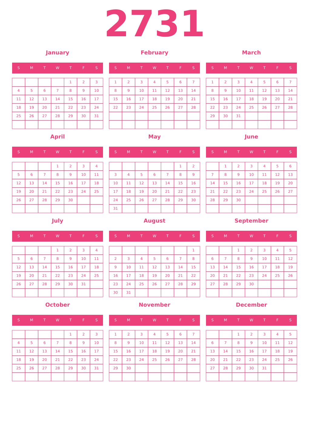Printable 2731 Year Calendars pink