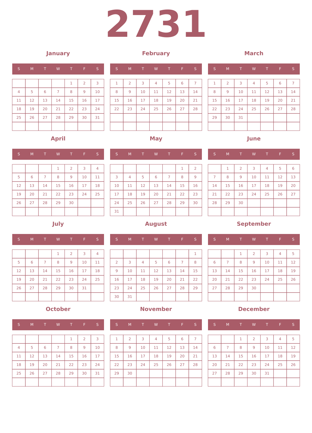 Printable 2731 Year Calendars puce