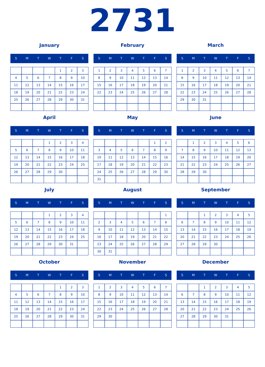 Printable 2731 Year Calendars smalt