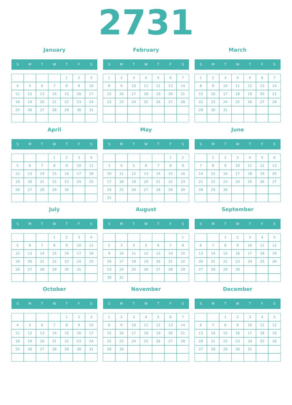 Printable 2731 Year Calendars verdigris