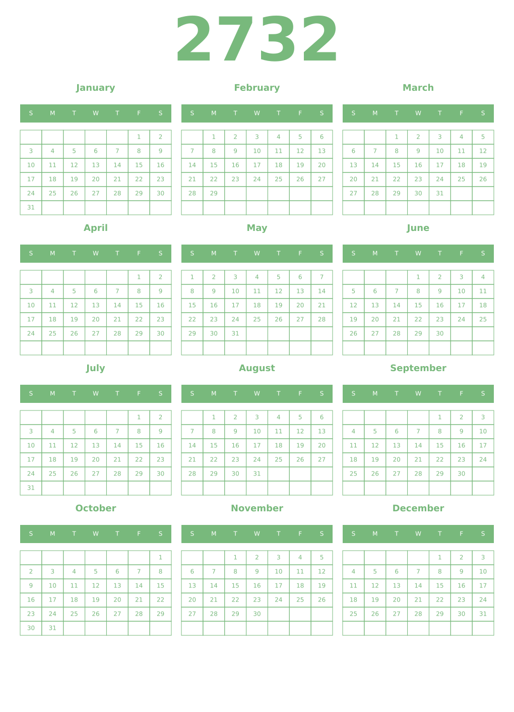 Printable 2732 Year Calendars celadon
