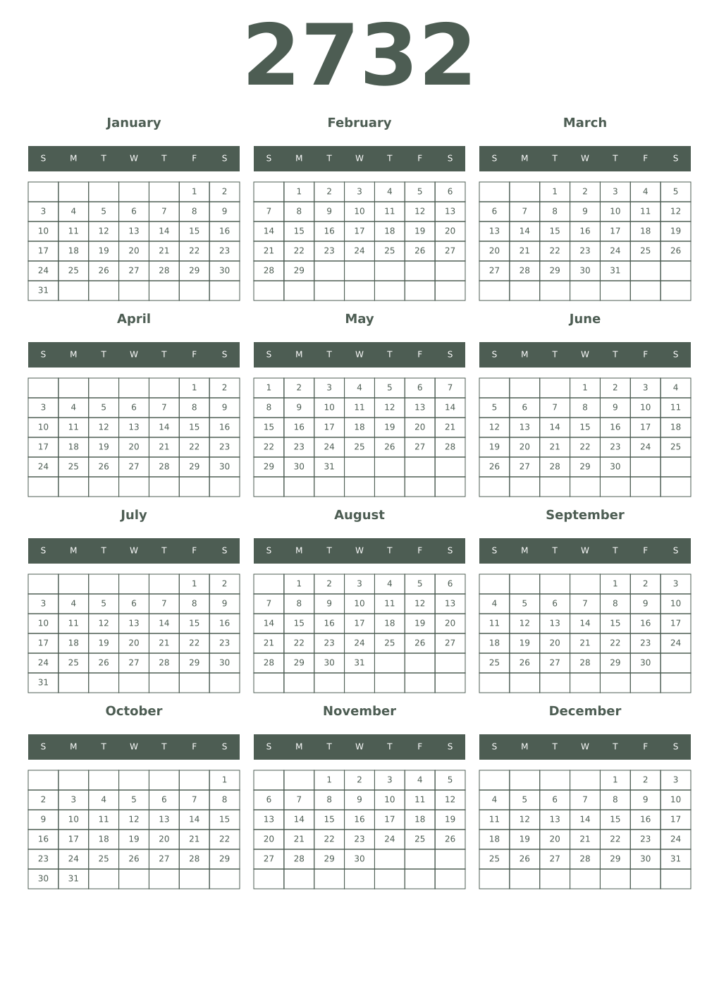 Printable 2732 Year Calendars feldgrau