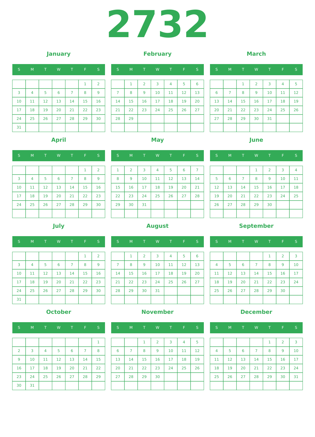 Printable 2732 Year Calendars green