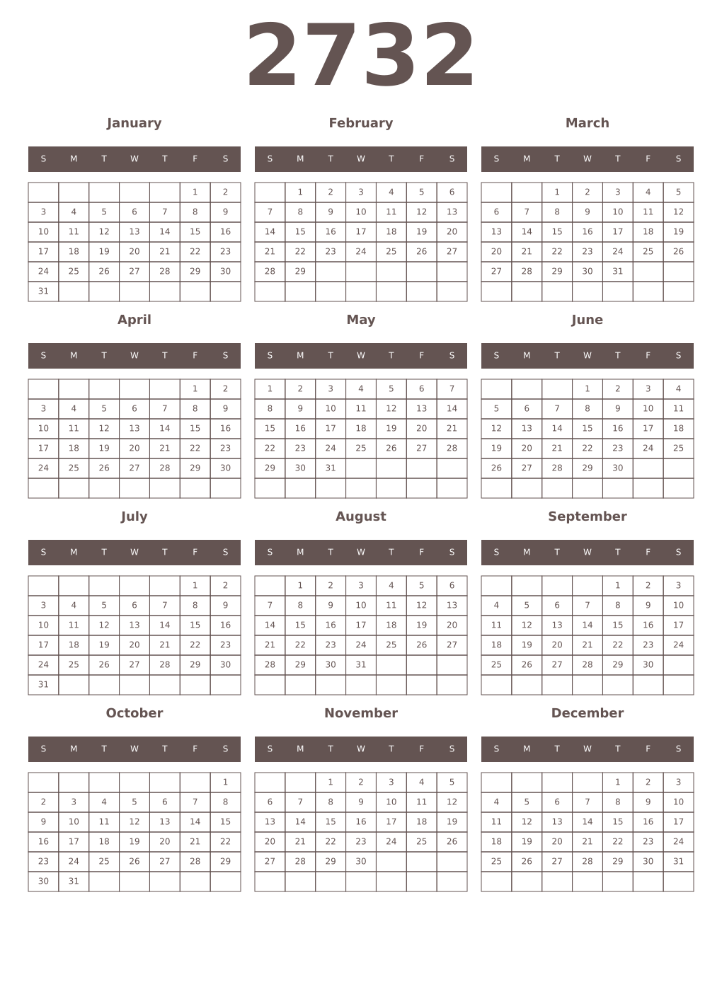 Printable 2732 Year Calendars wenge