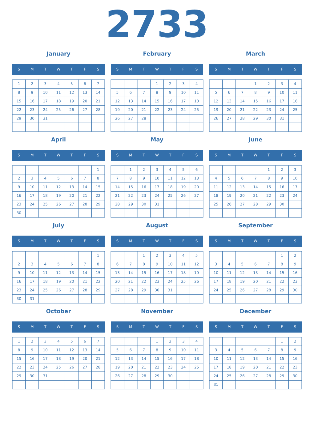 Printable 2733 Year Calendars blue