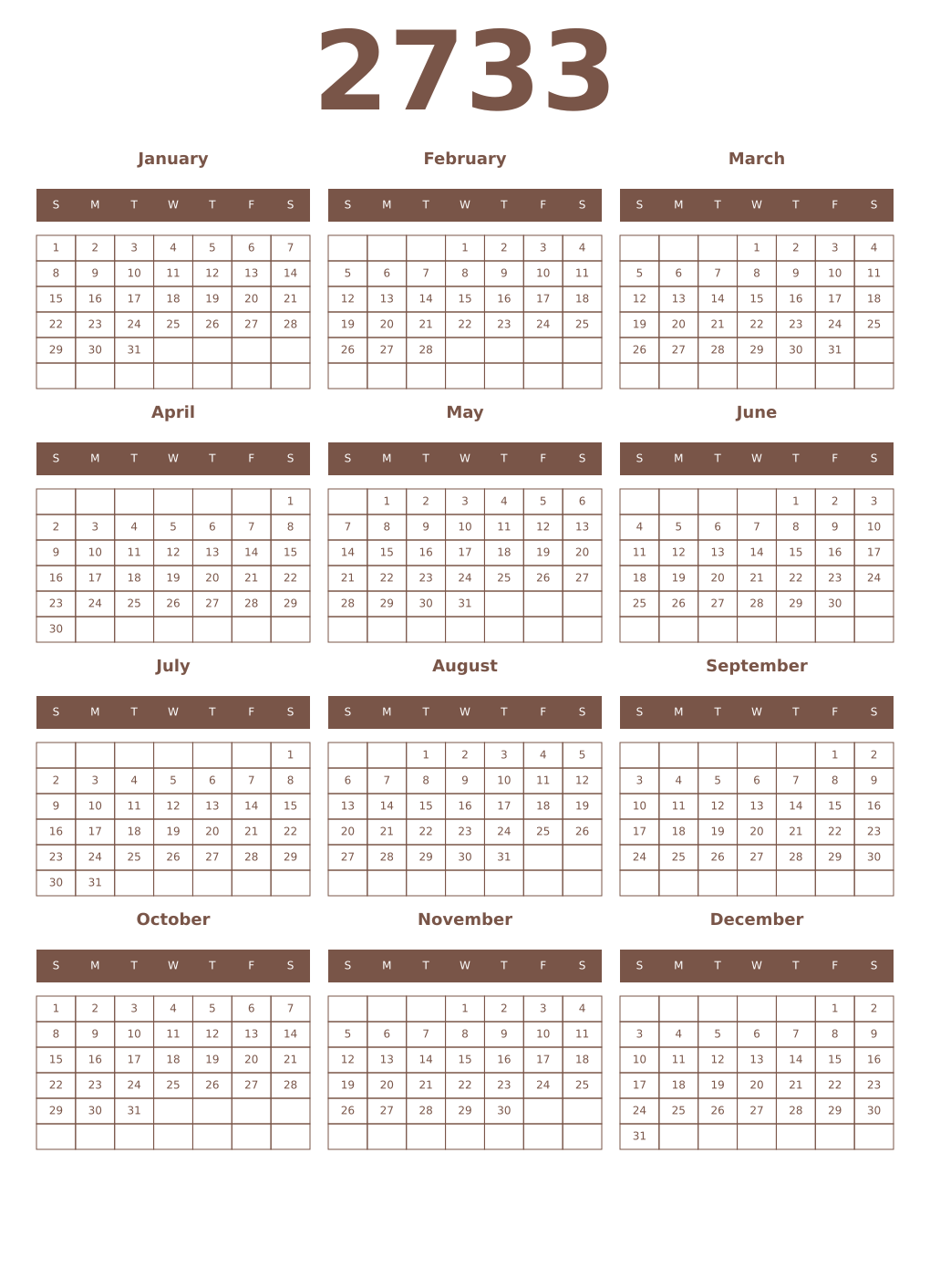 Printable 2733 Year Calendars coffe