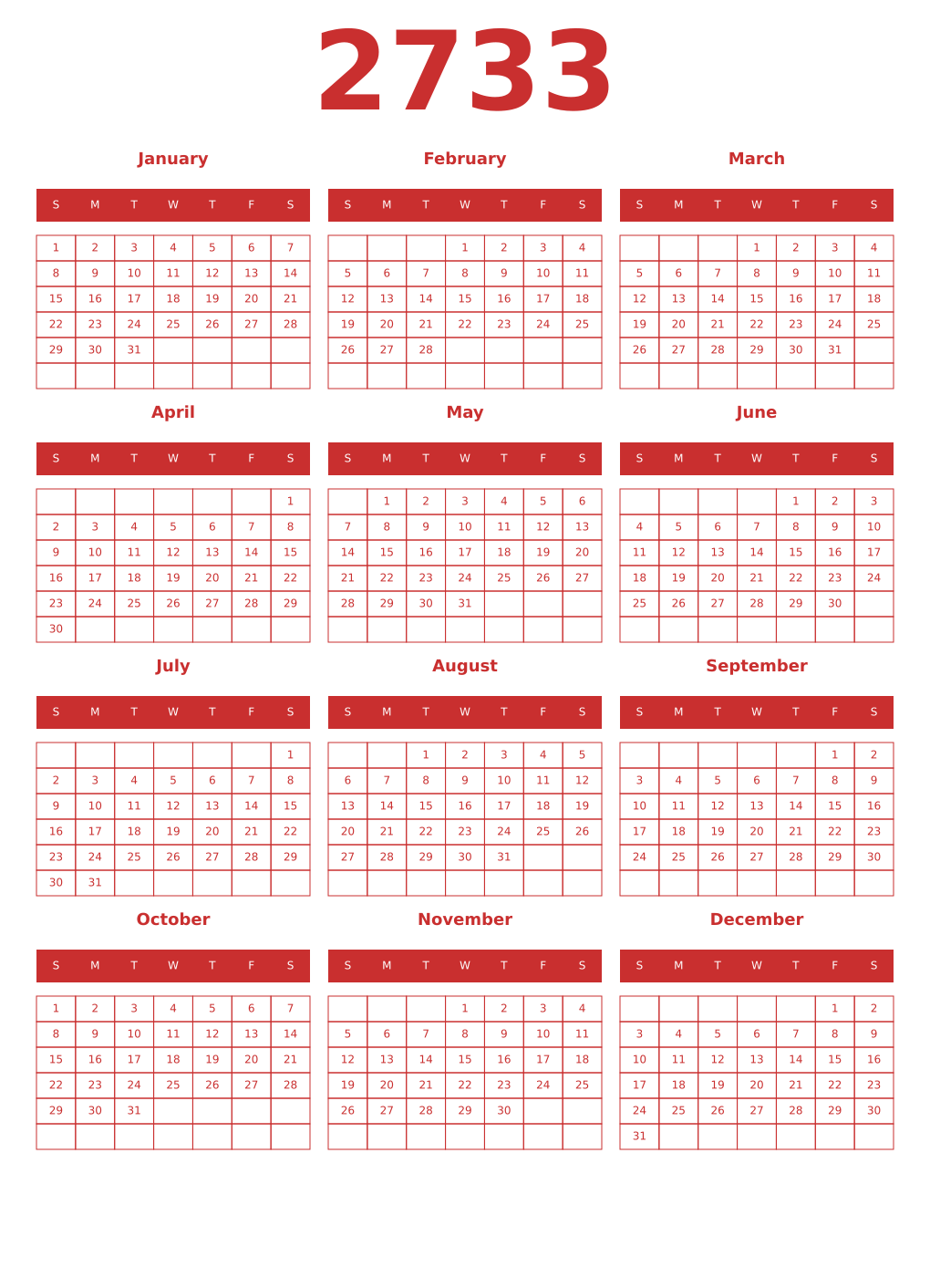 Printable 2733 Year Calendars red