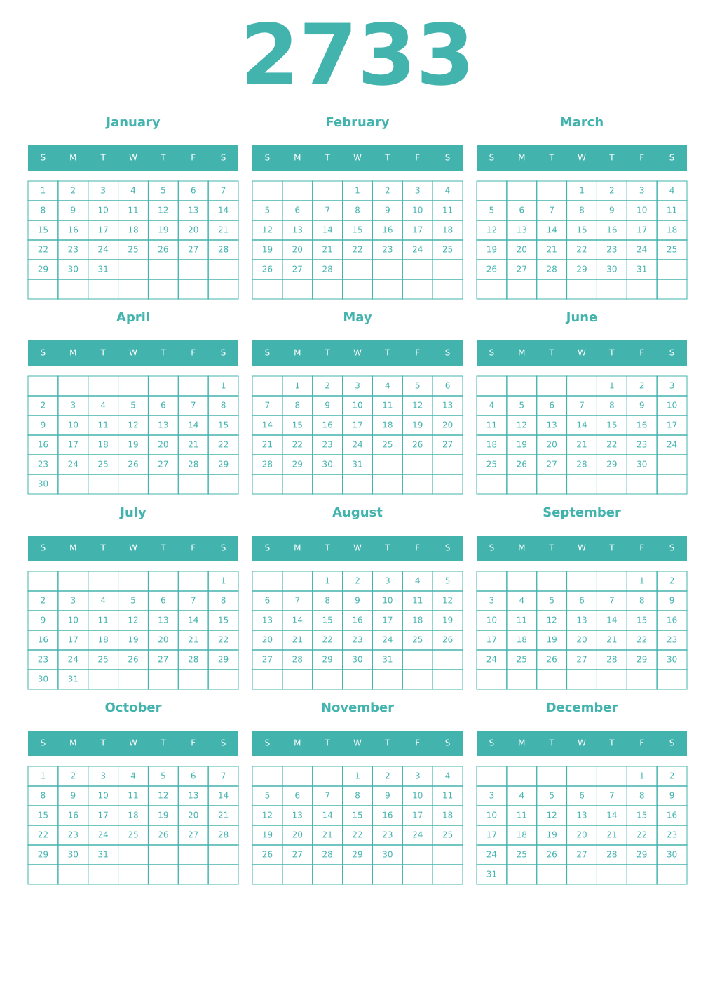 Printable 2733 Year Calendars verdigris