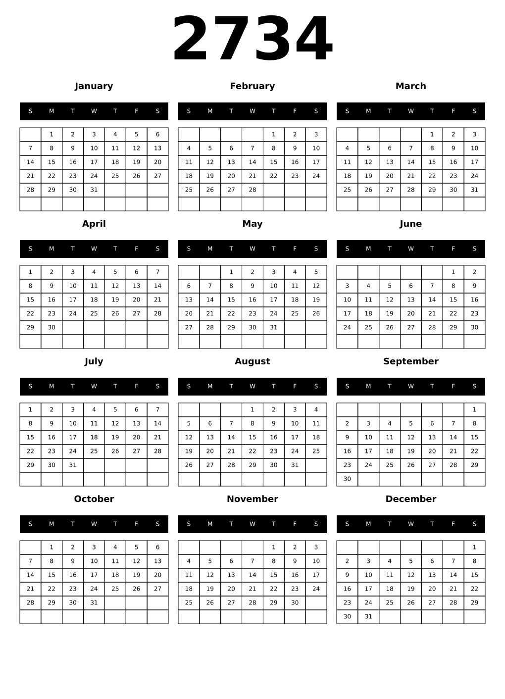 Printable 2734 Year Calendars black