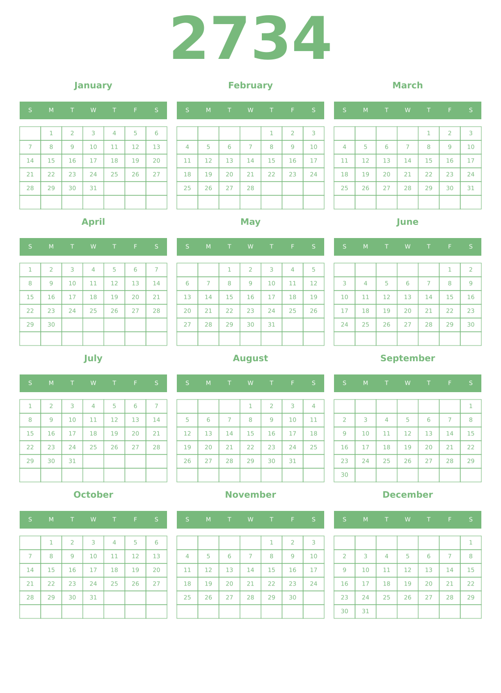 Printable 2734 Year Calendars celadon