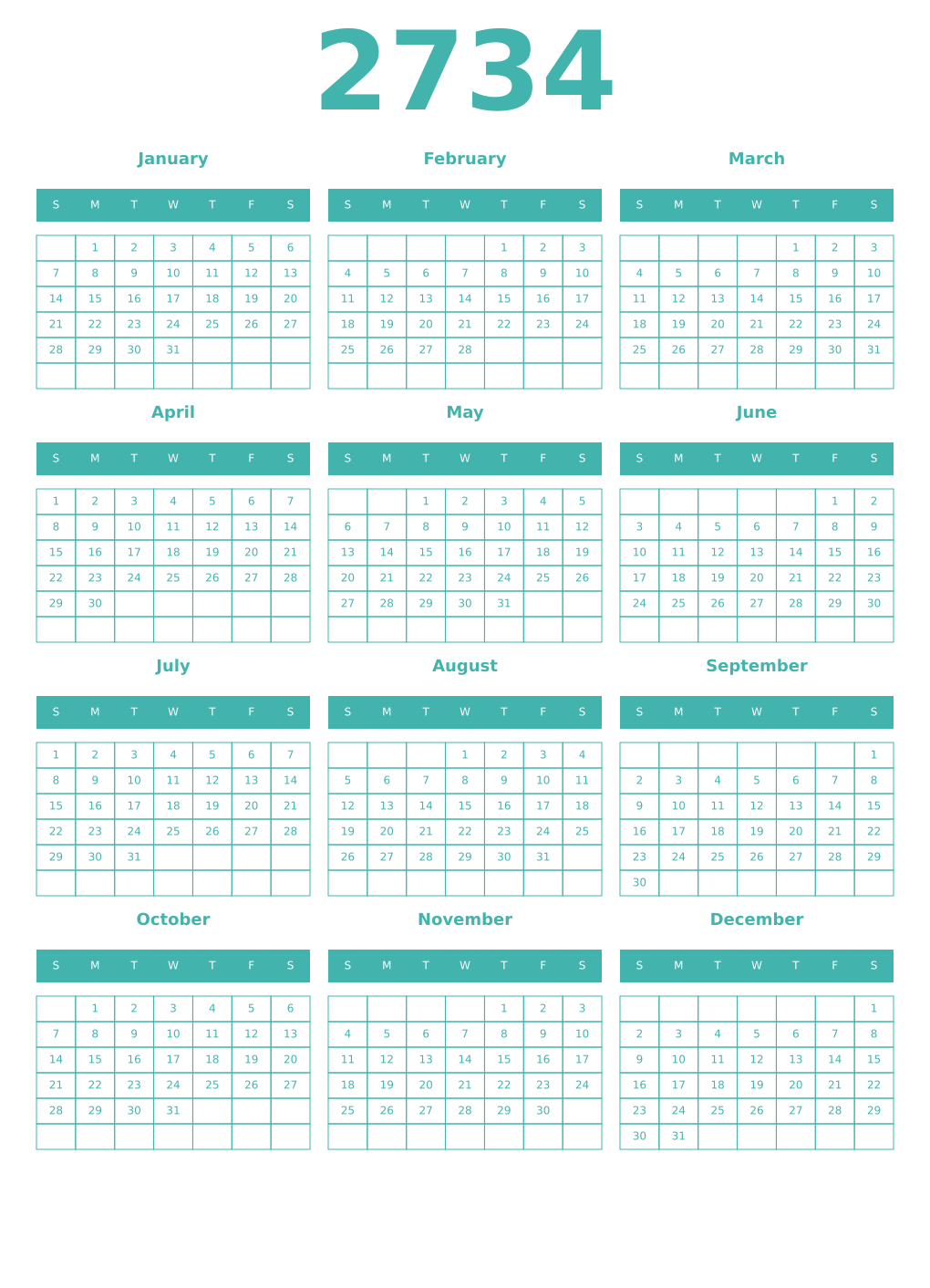 Printable 2734 Year Calendars verdigris