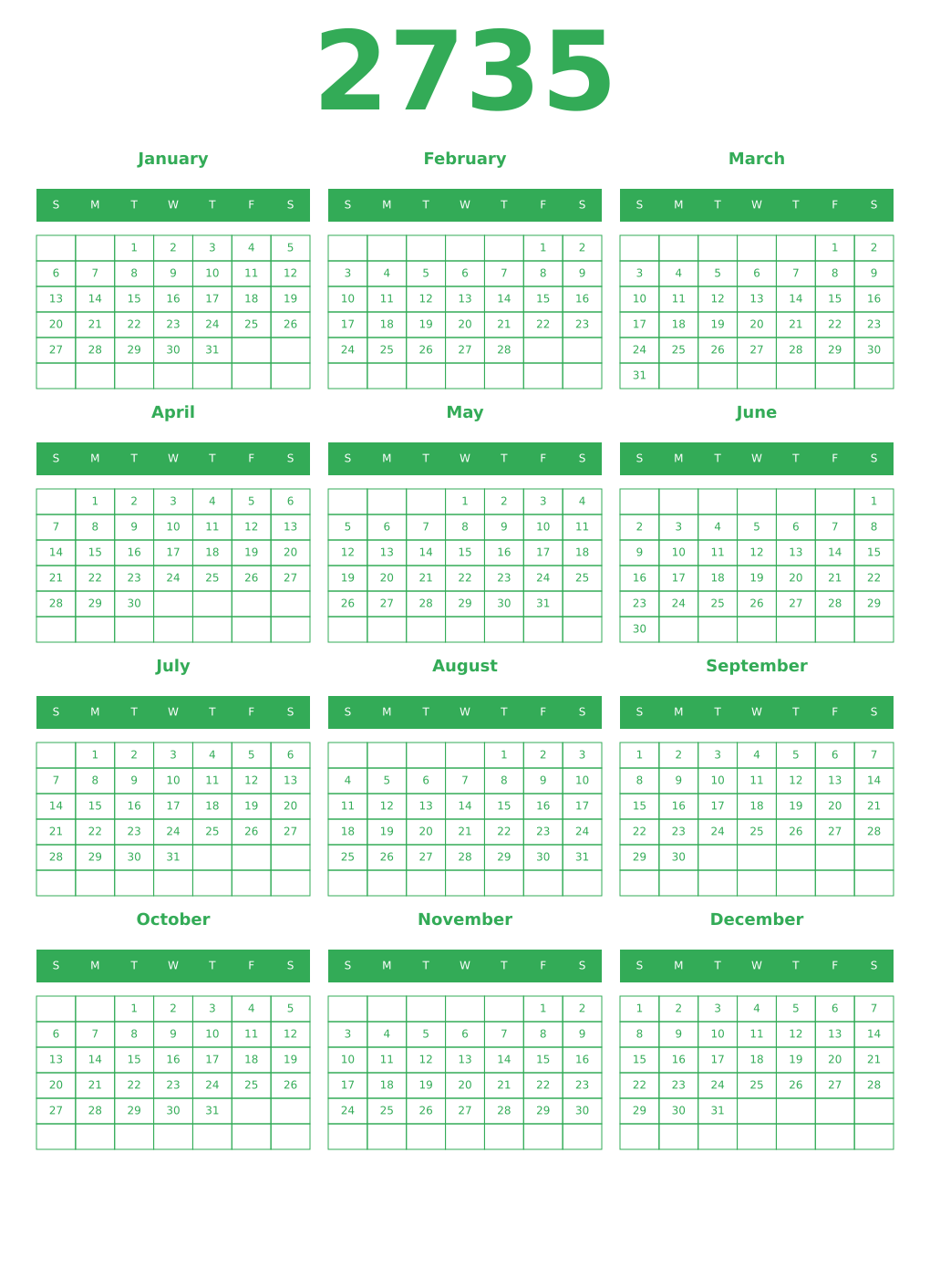 Printable 2735 Year Calendars green