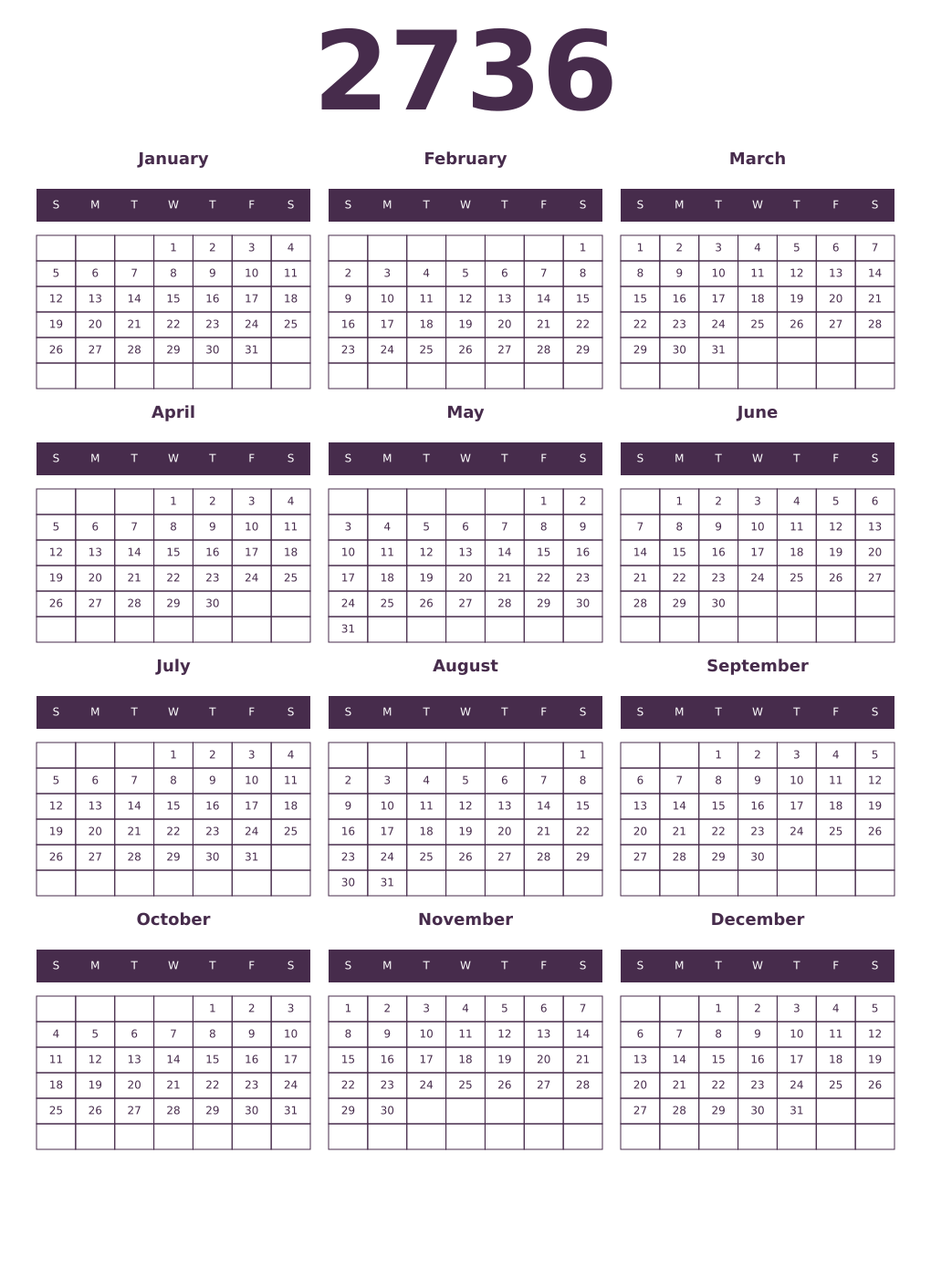 Printable 2736 Year Calendars aubergine