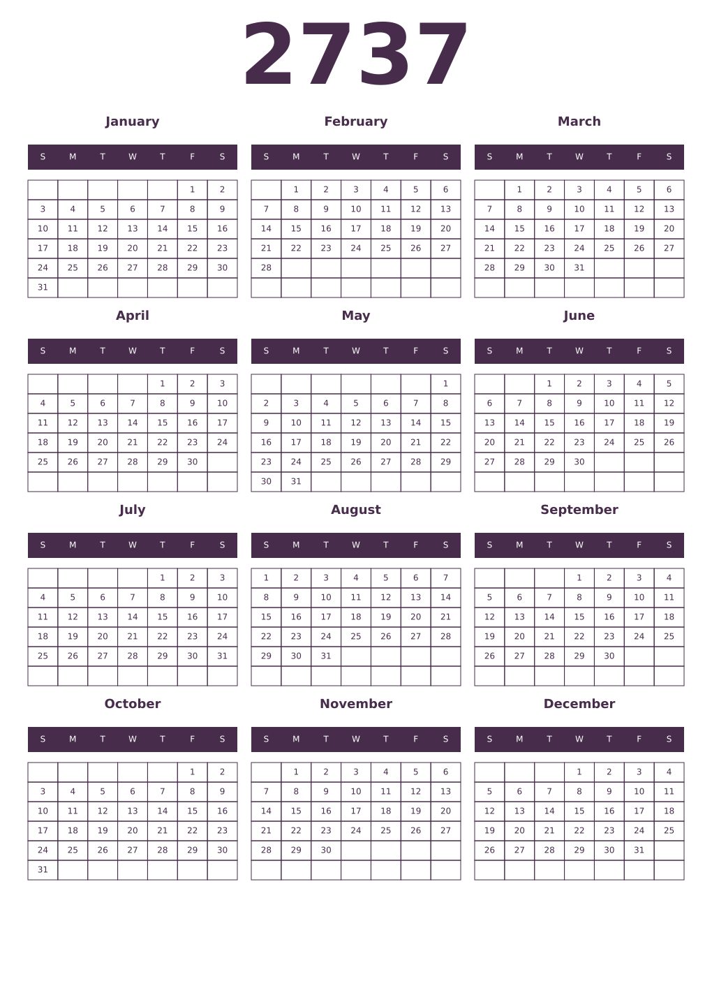 Printable 2737 Year Calendars aubergine
