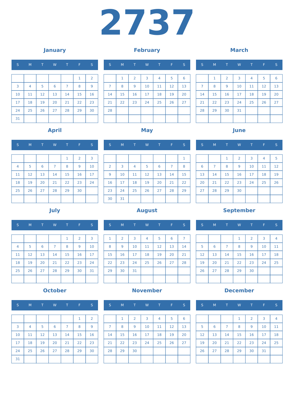 Printable 2737 Year Calendars blue