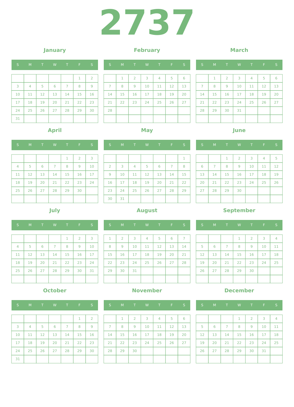 Printable 2737 Year Calendars celadon